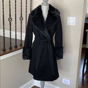 Bebe black wool winter coat with rabbit collar size S